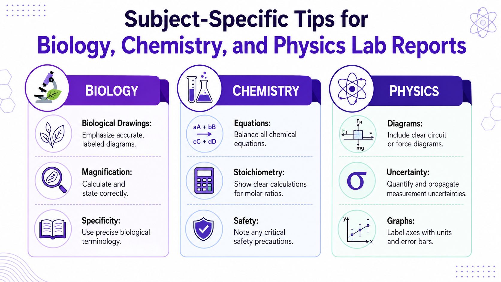 An infographic titled Subject-Specific Tips for Biology, Chemistry, and Physics Lab Reports outlining key requirements for each.
