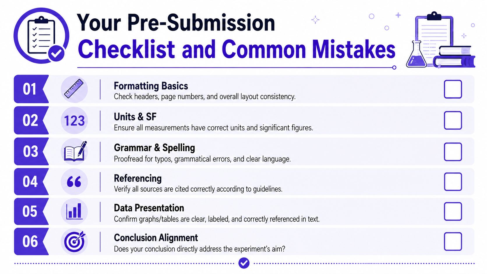 A numbered checklist for students to review their lab reports before final submission for better accuracy.