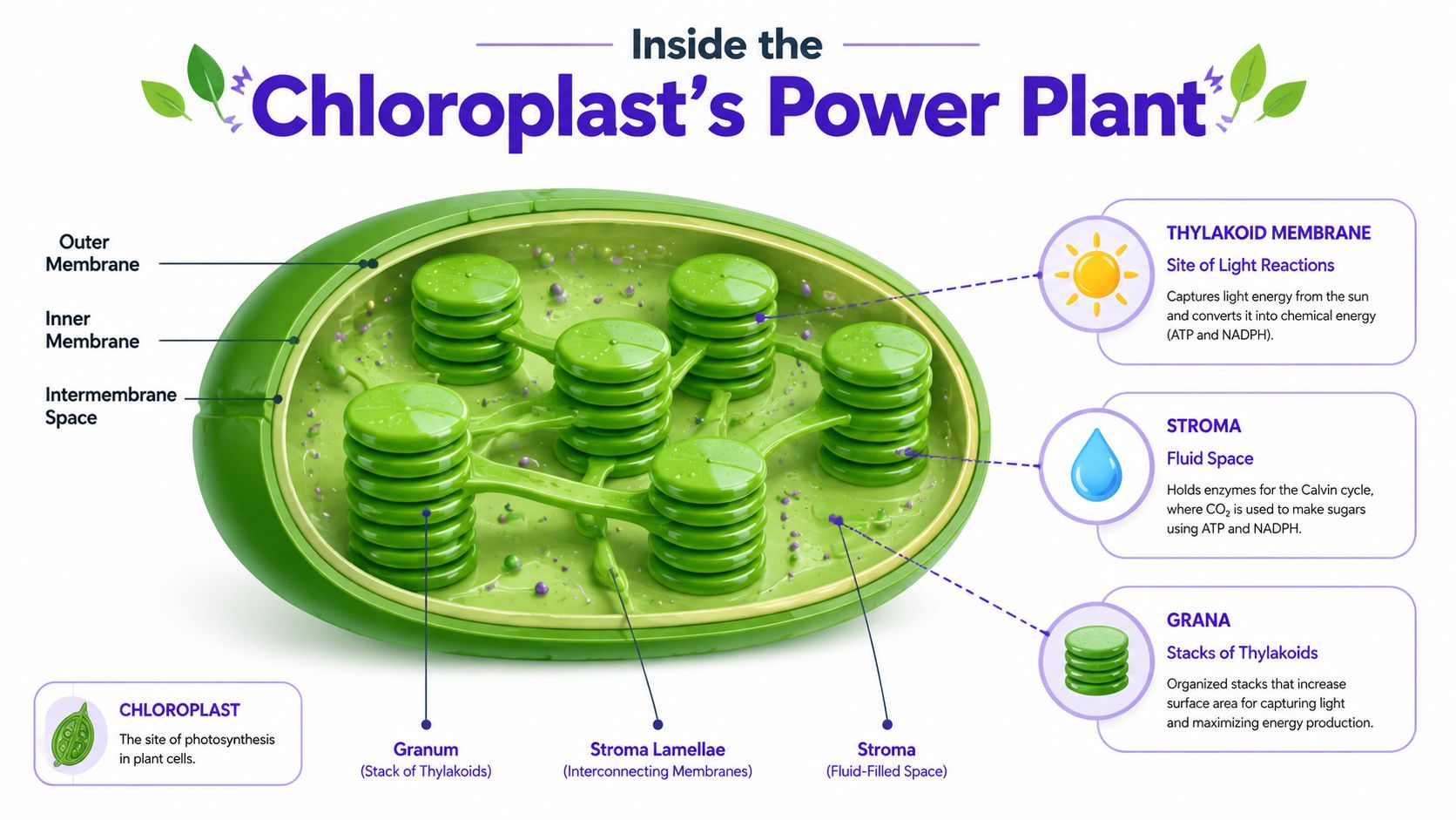 A detailed biological diagram illustrating the internal structures of a plant cell chloroplast for photosynthesis.