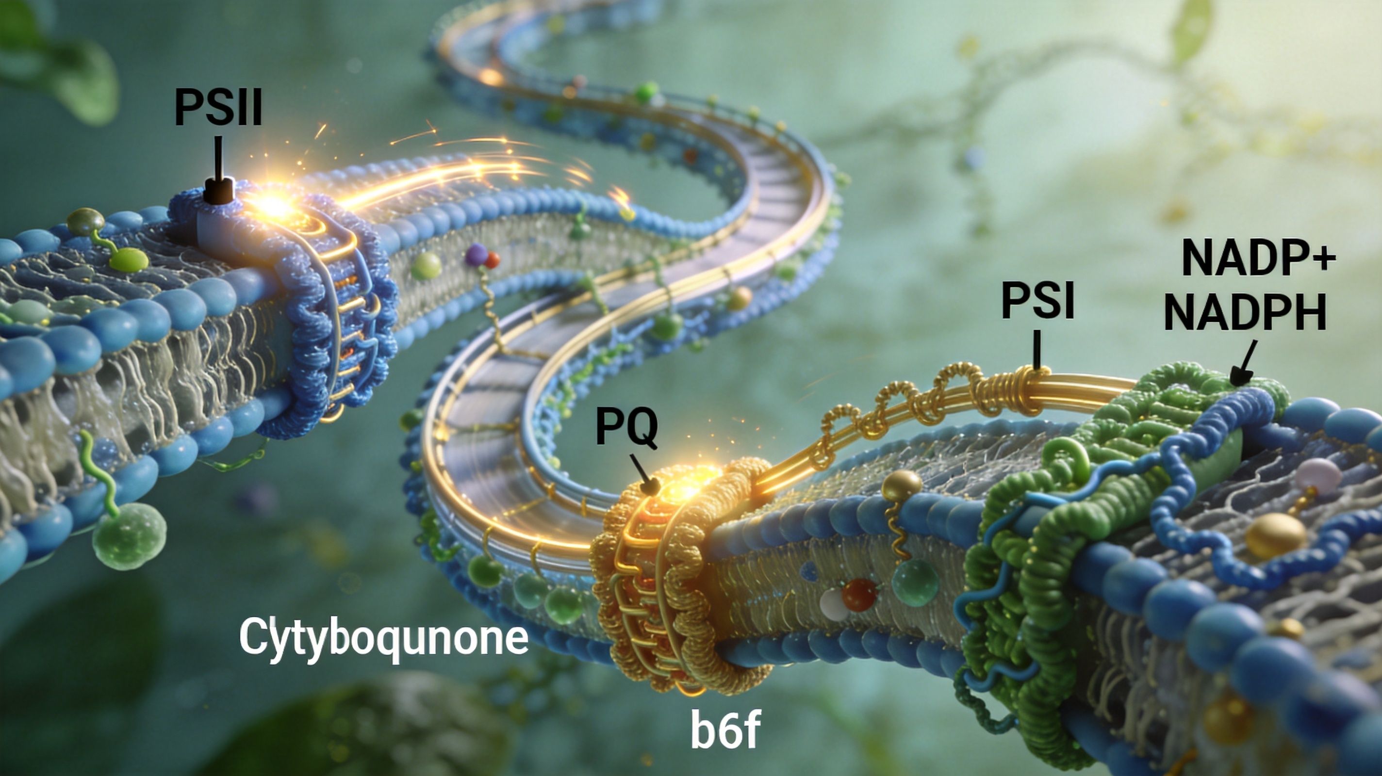 A detailed 3D biological illustration of the light dependent reaction occurring across a plant cell membrane.