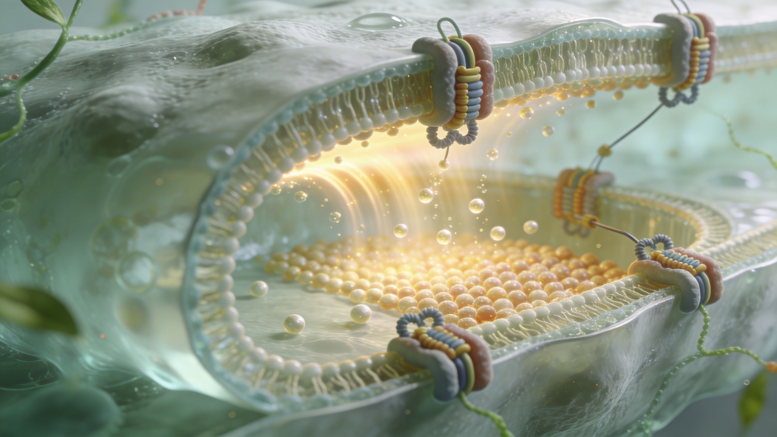A 3D visualization showing biological membrane protein complexes facilitating a light-dependent reaction process within a cell.