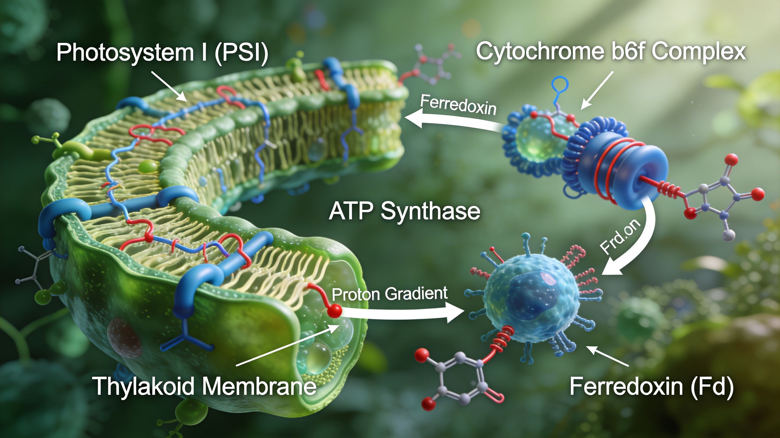 A 3D visualization of the light-dependent reactions of photosynthesis occurring within a chloroplast thylakoid membrane structure.