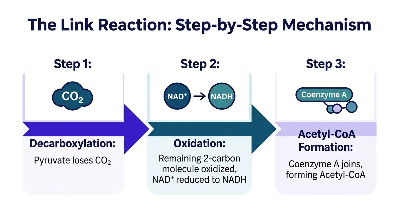 A diagram illustrating the three steps of the link reaction: decarboxylation, oxidation, and acetyl-CoA formation.