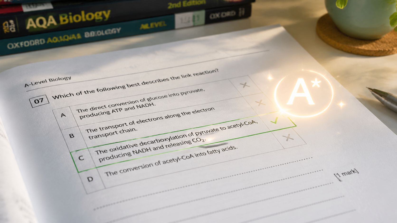A close-up view of an A-Level Biology practice question about the cellular respiration link reaction.