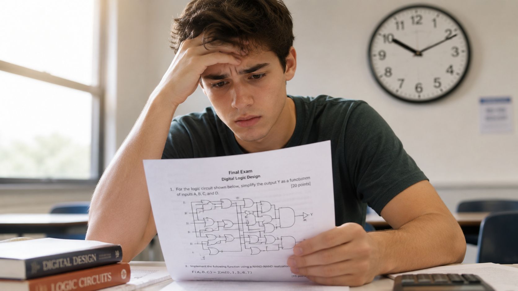 A stressed student studying for a digital logic design final exam with complex circuit diagrams.