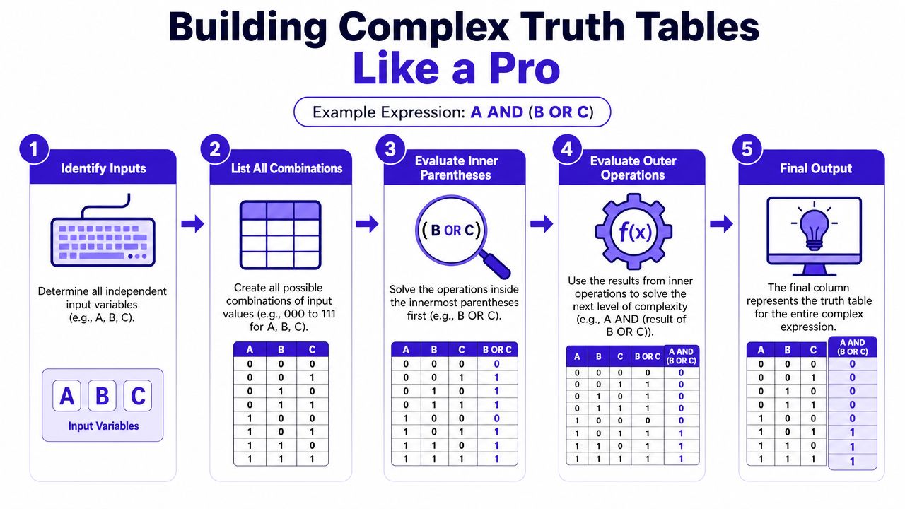 An infographic illustrating the five-step process to build a complex truth table for logical expressions.