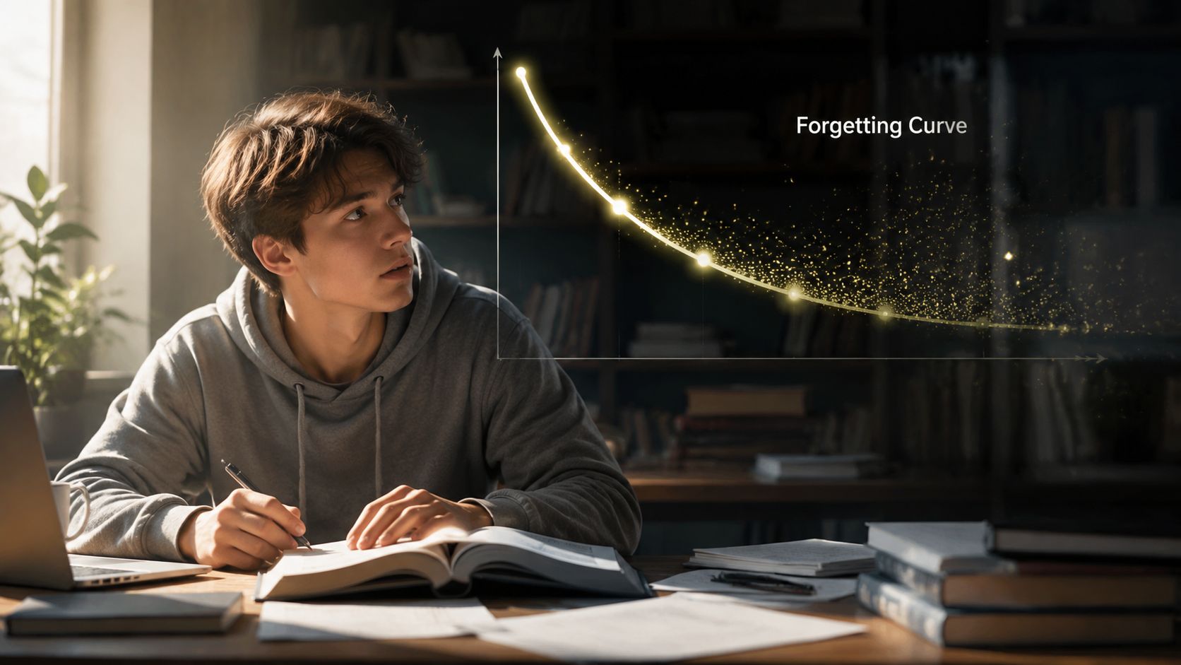 A student studying at a desk with a holographic forgetting curve chart floating above his books.