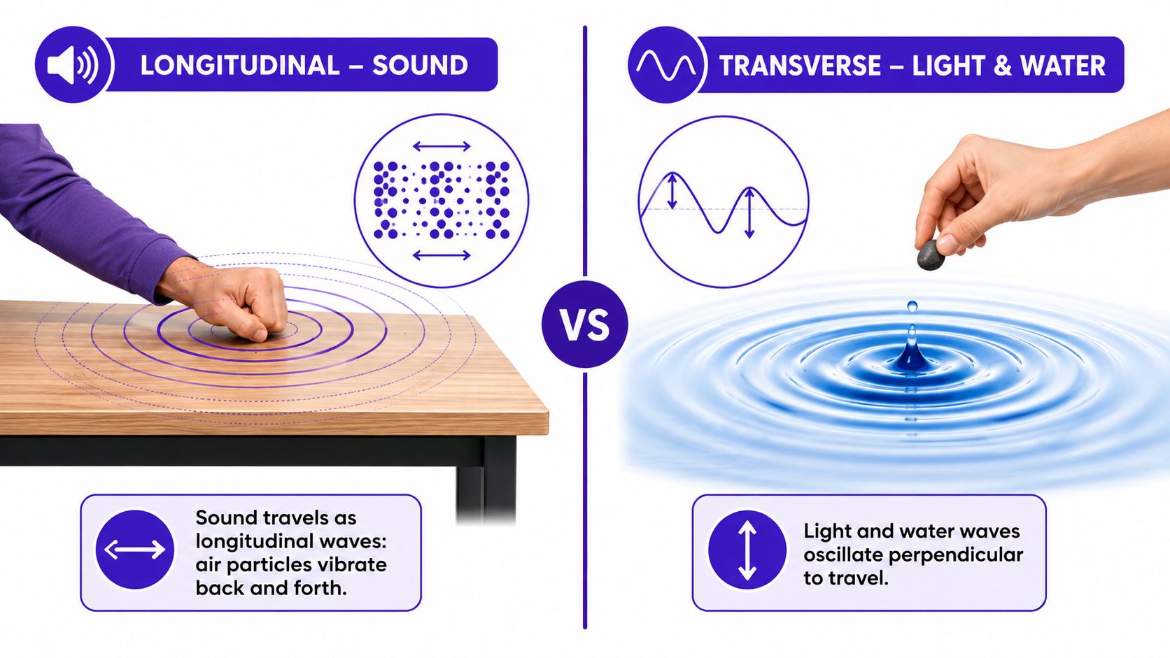 An educational infographic comparing longitudinal sound waves and transverse light and water waves side-by-side.