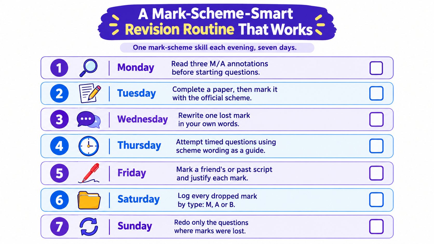 A weekly study guide infographic titled A Mark-Scheme-Smart Revision Routine That Works for exam preparation.