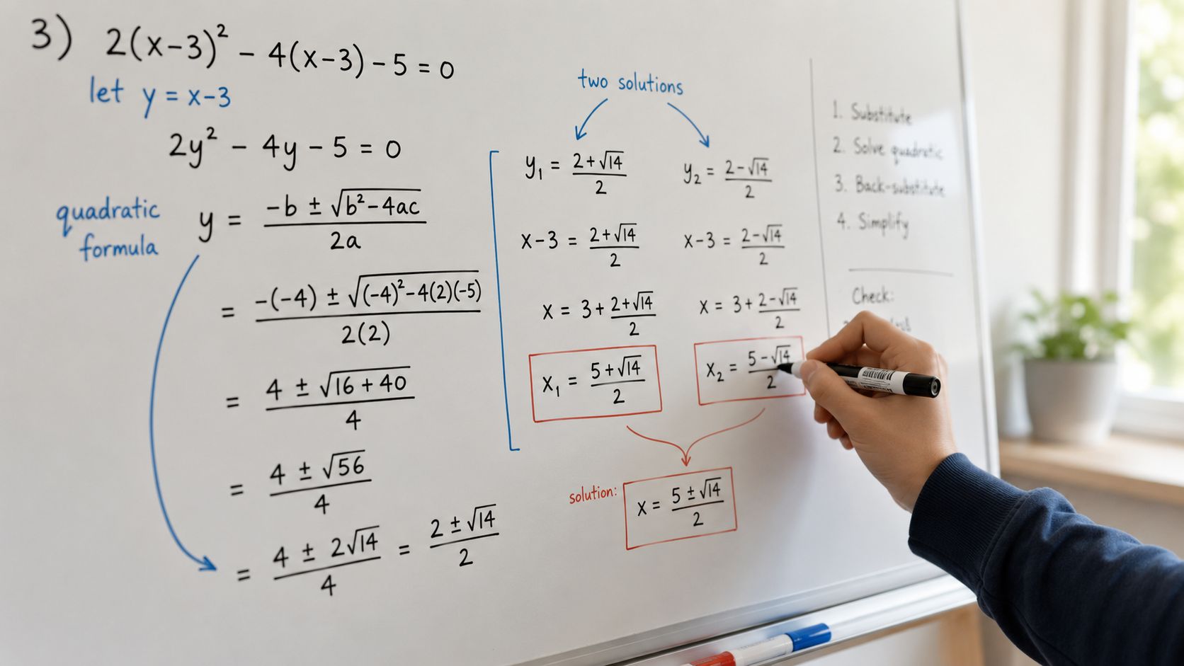 A person writing the solution to a quadratic equation on a whiteboard while explaining the steps involved.