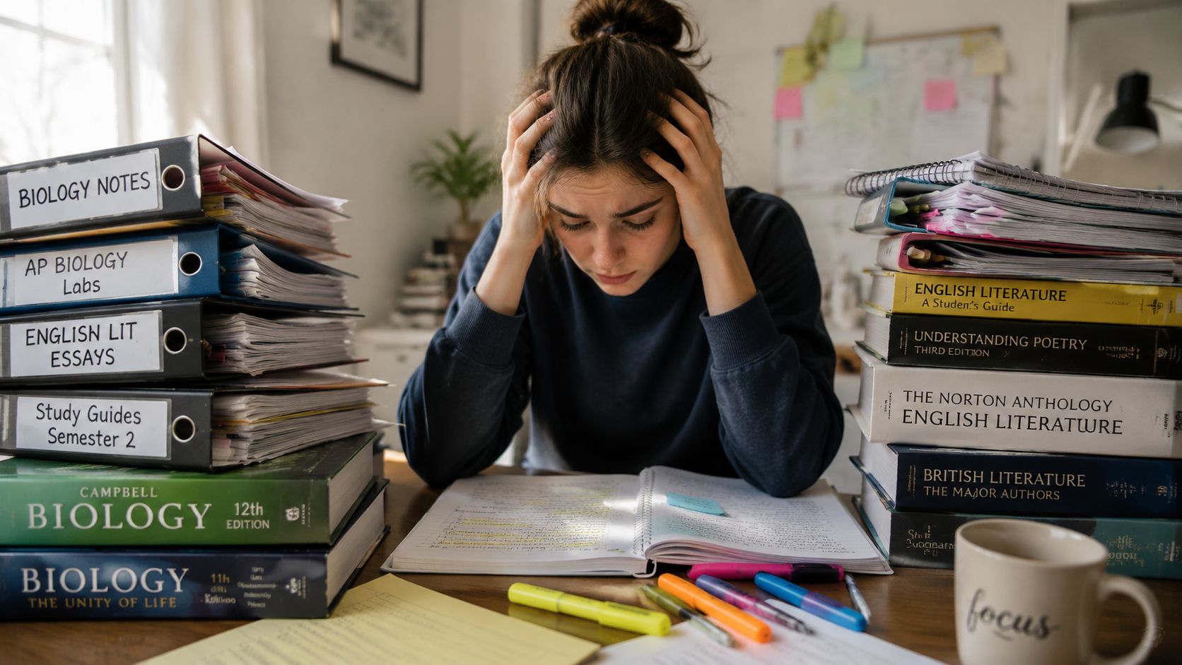 A stressed student sitting at a desk surrounded by large piles of textbooks and binders studying.