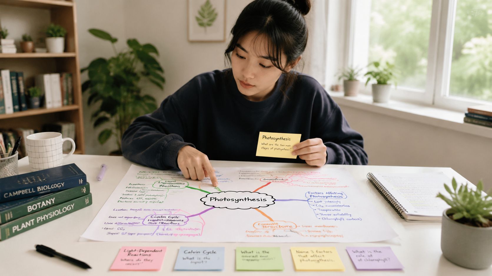 A student studying photosynthesis using a mind map and revision notes at a desk in a room.