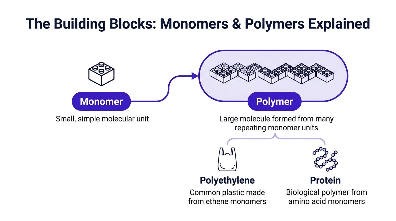A diagram illustrating how monomers are small molecular units that link together to form larger polymers.
