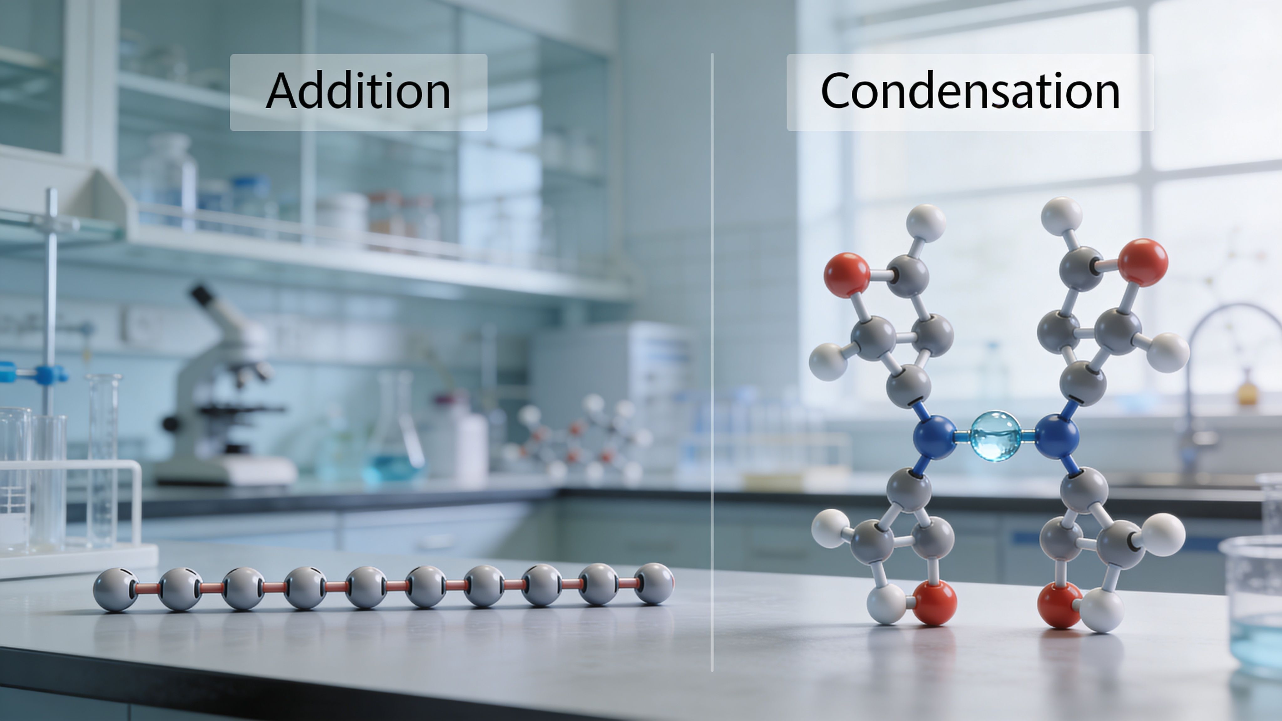 A laboratory table displaying molecular models representing addition and condensation polymerization processes in a science classroom.