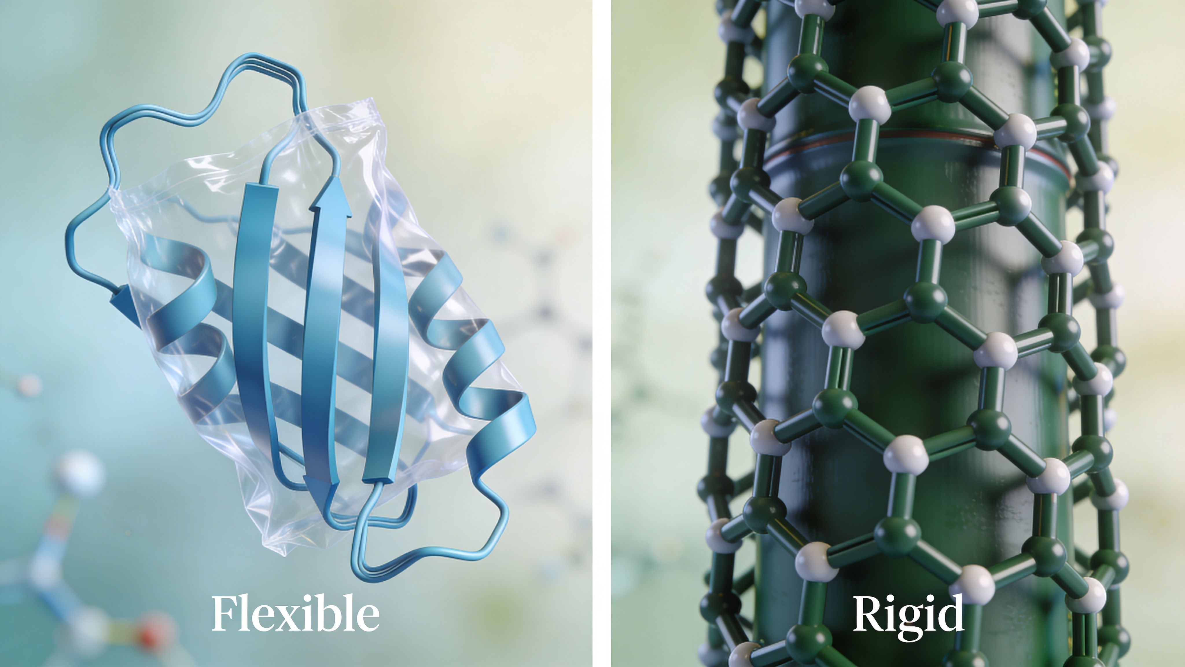 A split-screen illustration comparing a flexible protein structure on the left to a rigid nanotube on the right.