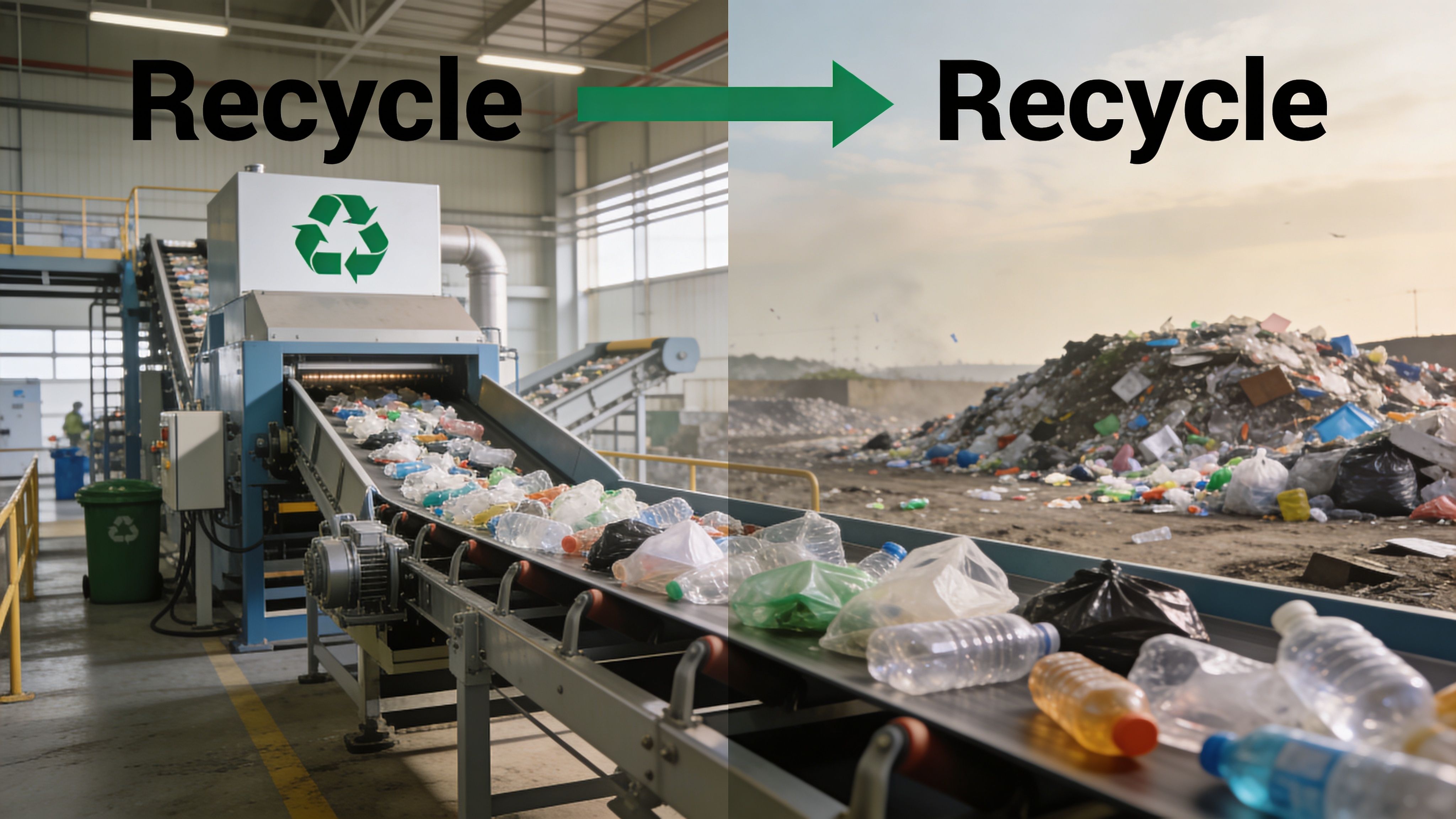 A split-screen image comparing a clean recycling facility conveyor belt with a polluted outdoor plastic landfill.