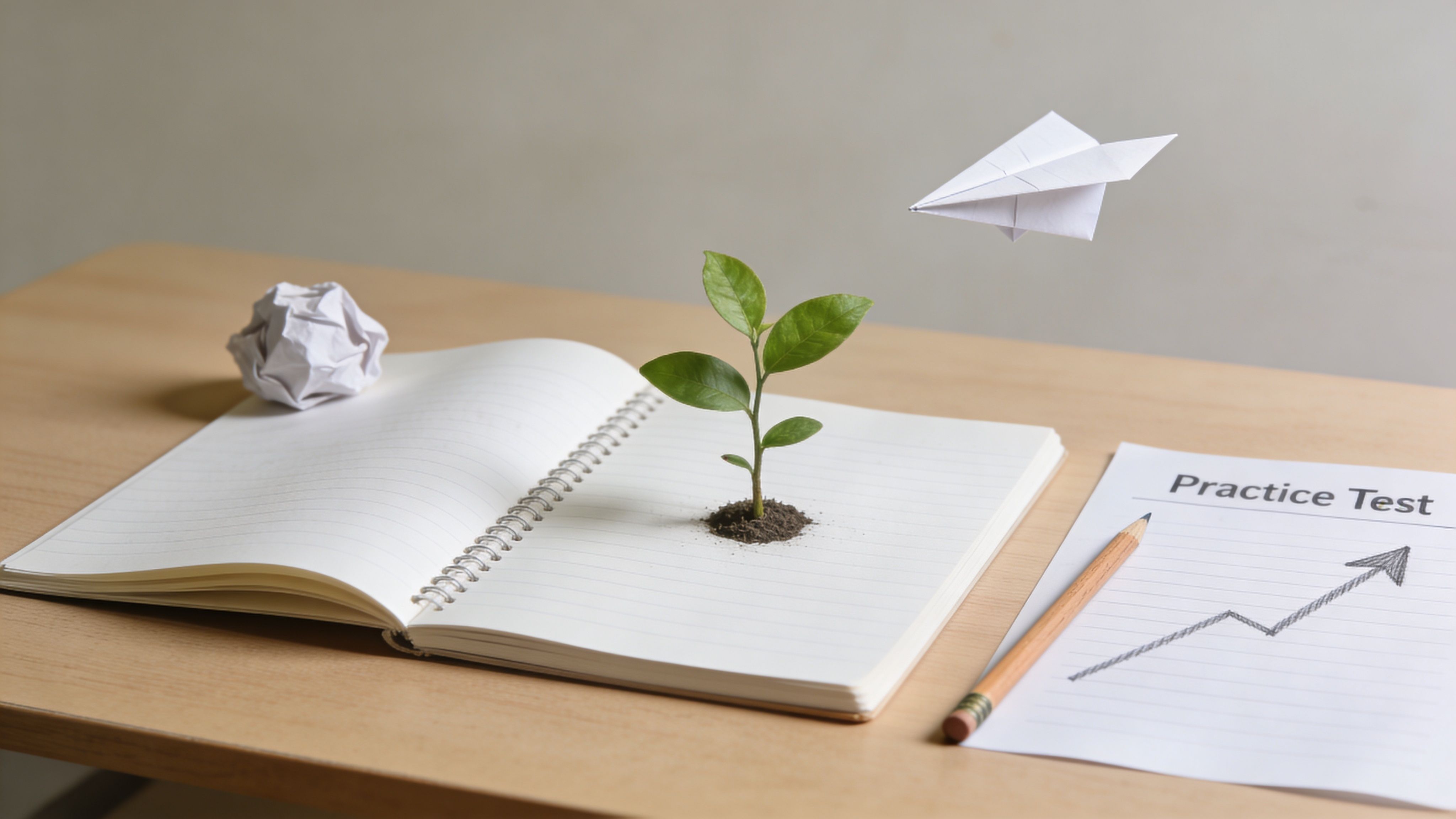 A small plant growing from an open notebook with a paper airplane and study materials nearby.