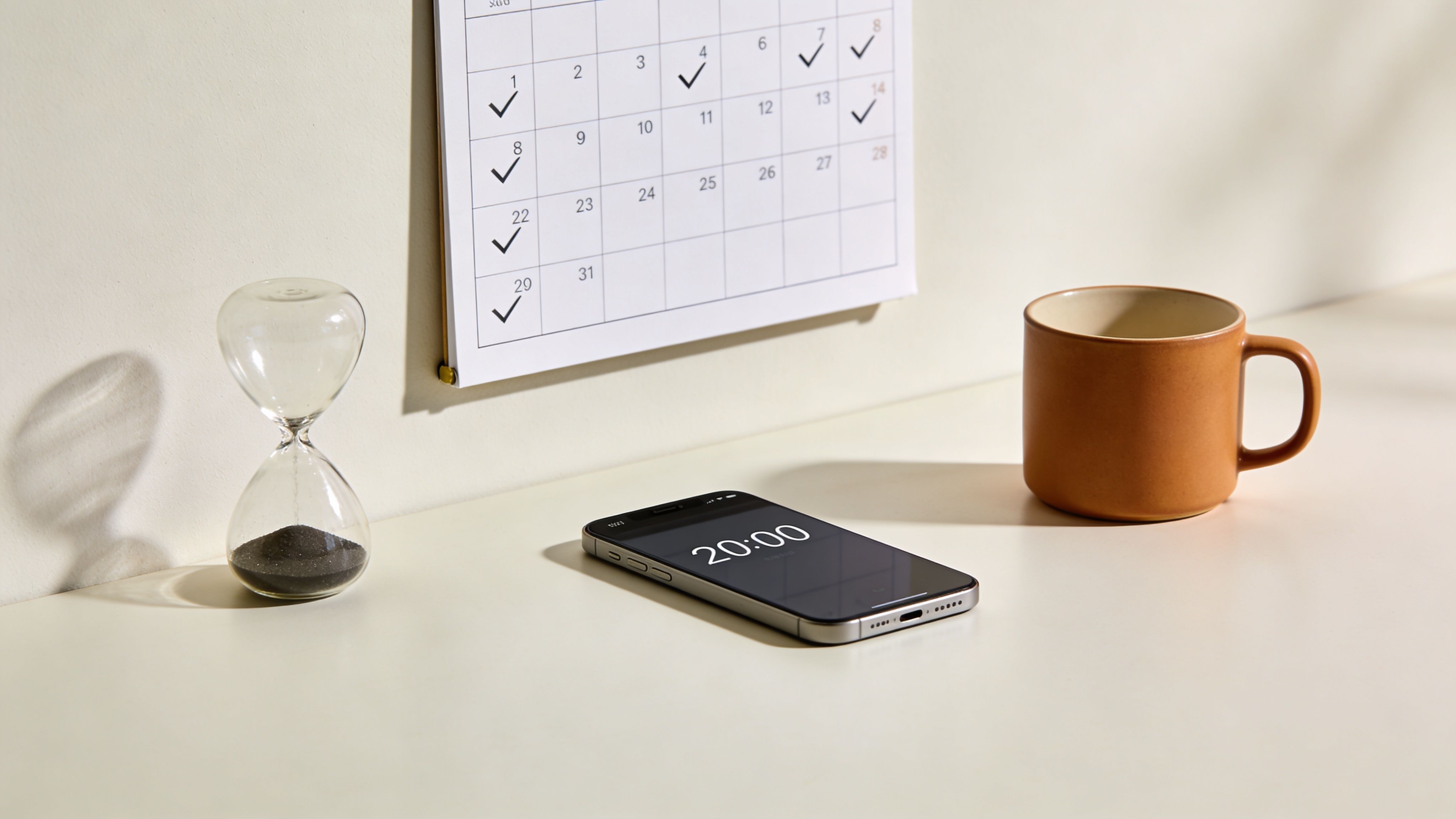 An hourglass, a wall calendar with marked dates, and a smartphone showing 20:00 on a desk.