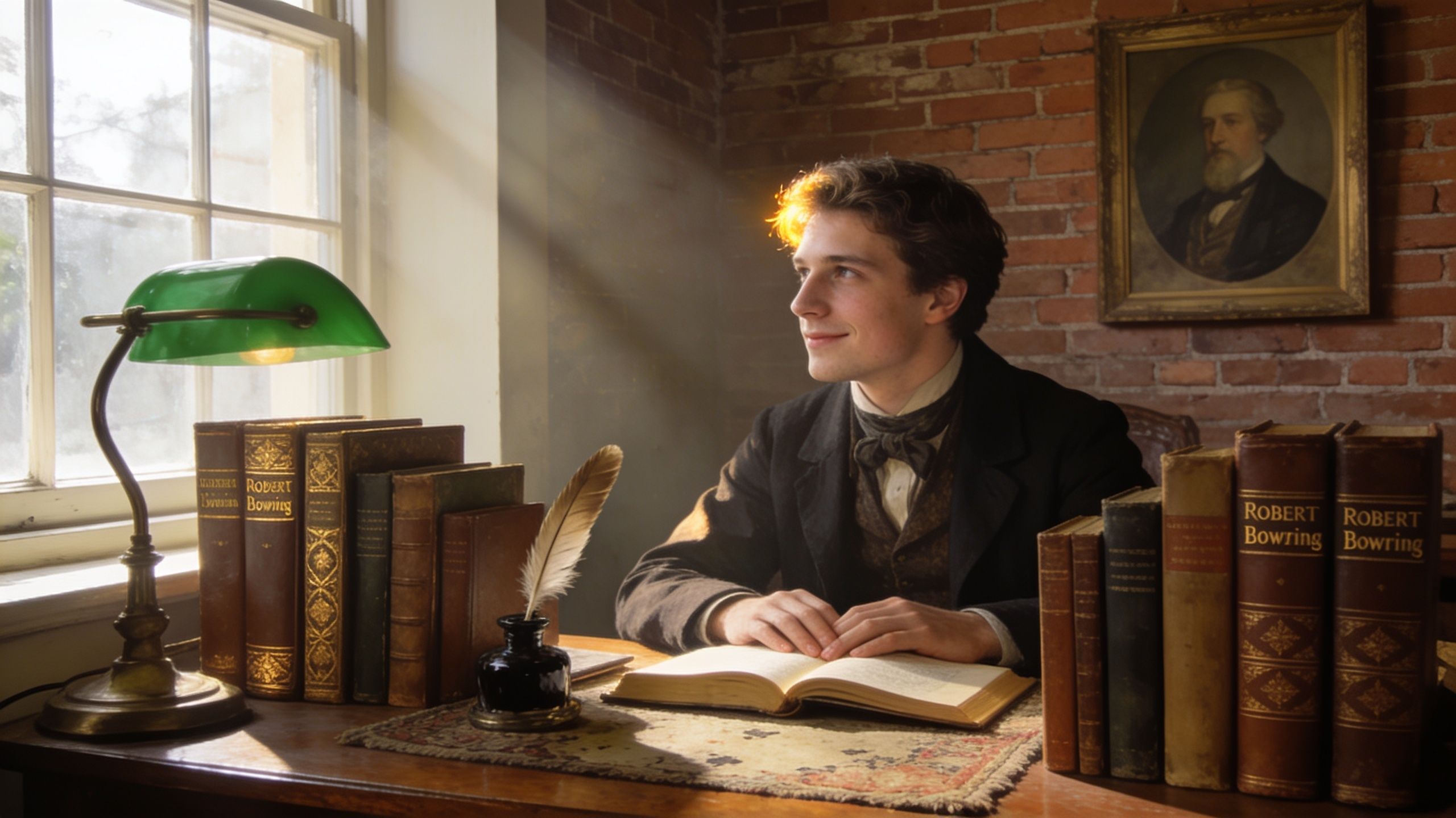 A Victorian man sitting at a desk with books and a quill, illuminated by sunlight through a window.
