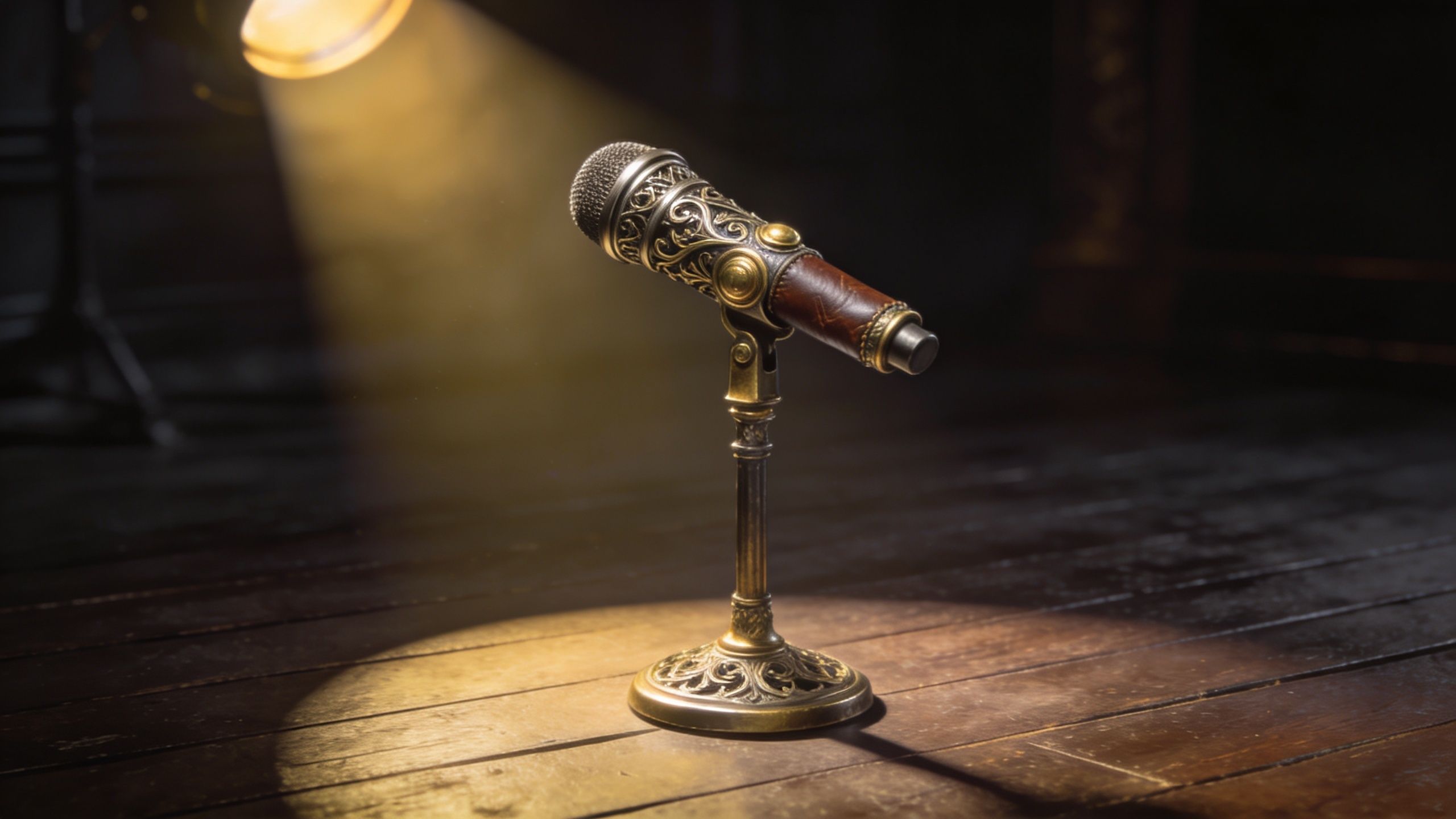 An ornate vintage microphone stands on a wooden stage floor illuminated by a warm spotlight.