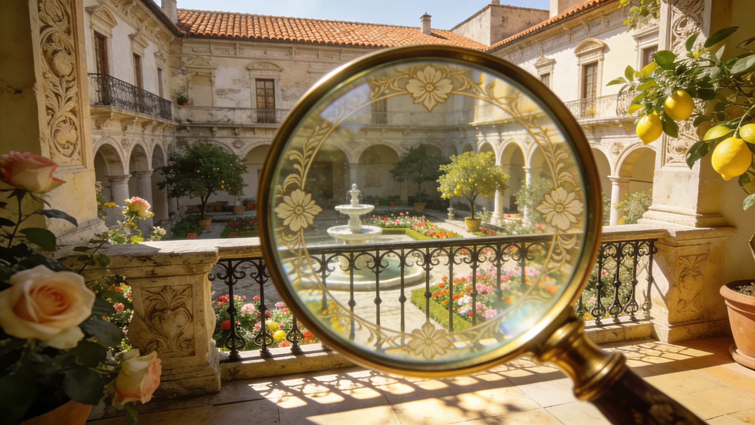 A magnifying glass frames an ornate courtyard fountain and garden seen from a stone balcony with roses.