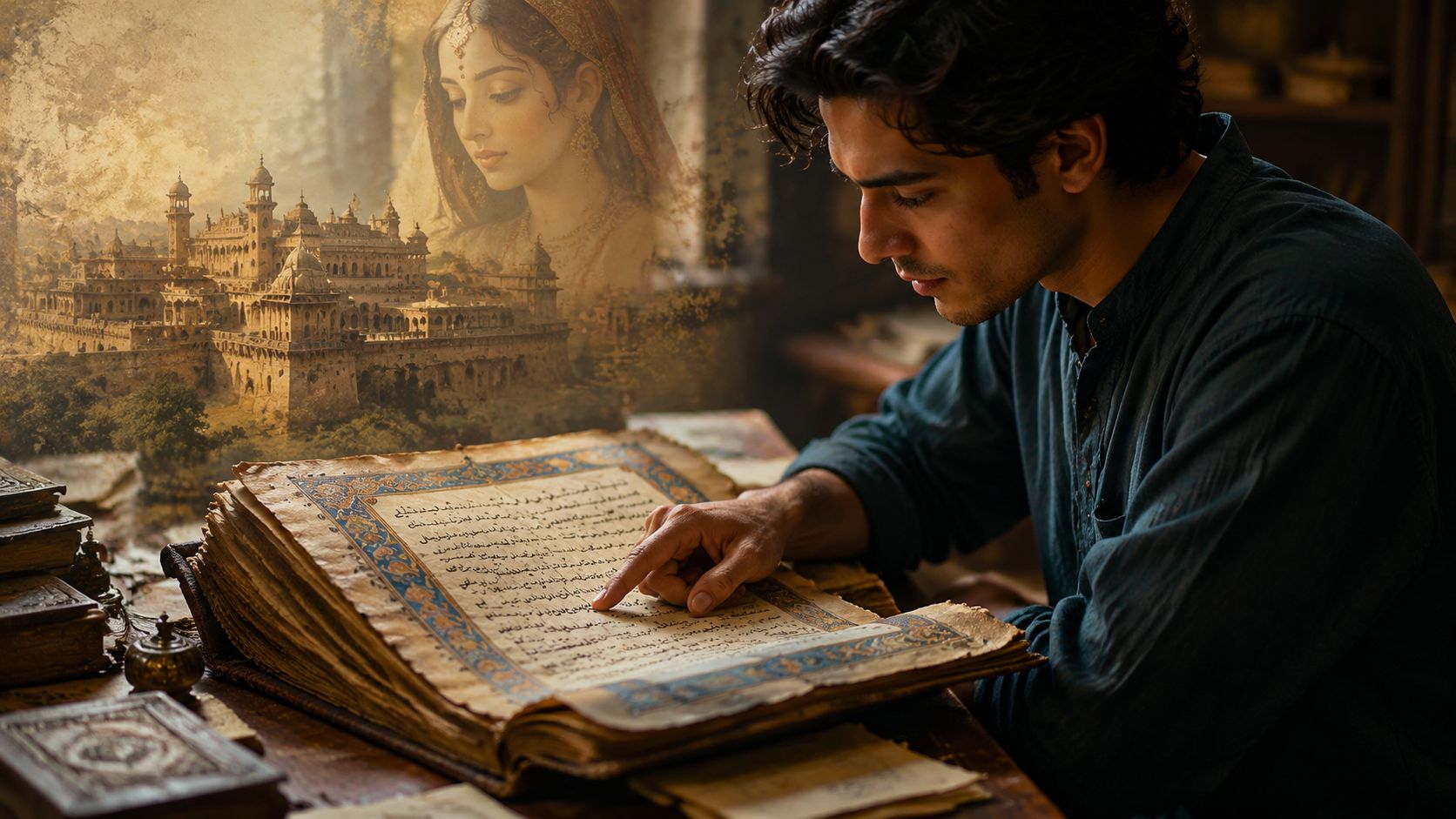 A pensive man reading an ancient manuscript with a superimposed ethereal image of a woman and palace.
