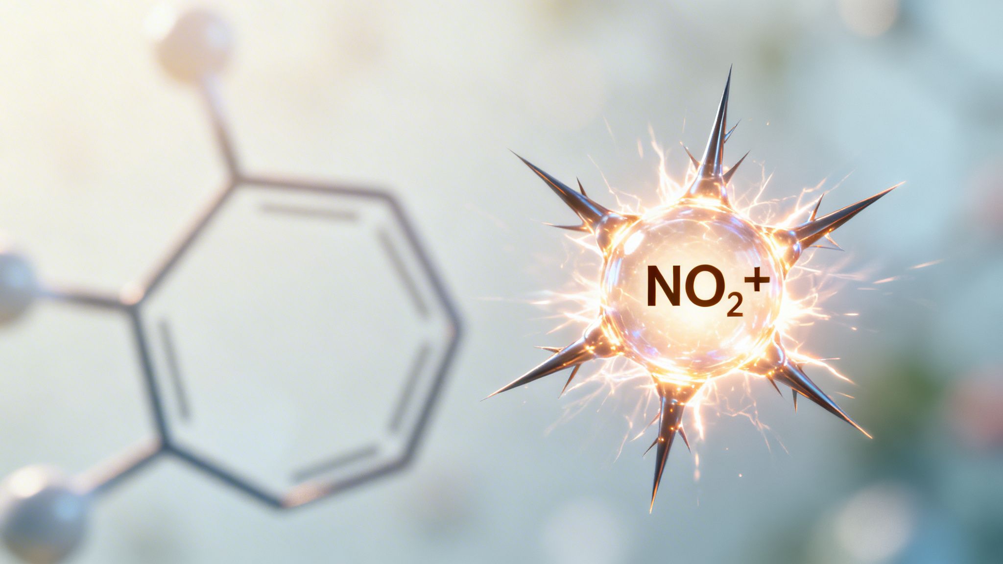 A conceptual illustration of the nitration of benzene mechanism featuring a nitronium ion targeting a benzene ring.