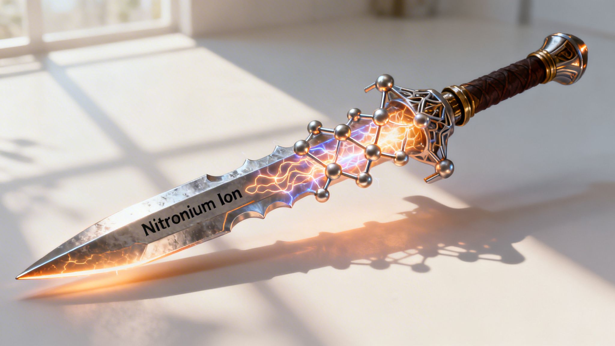 A fantasy-style dagger labeled Nitronium Ion, surrounded by glowing electricity and chemical structure spheres.