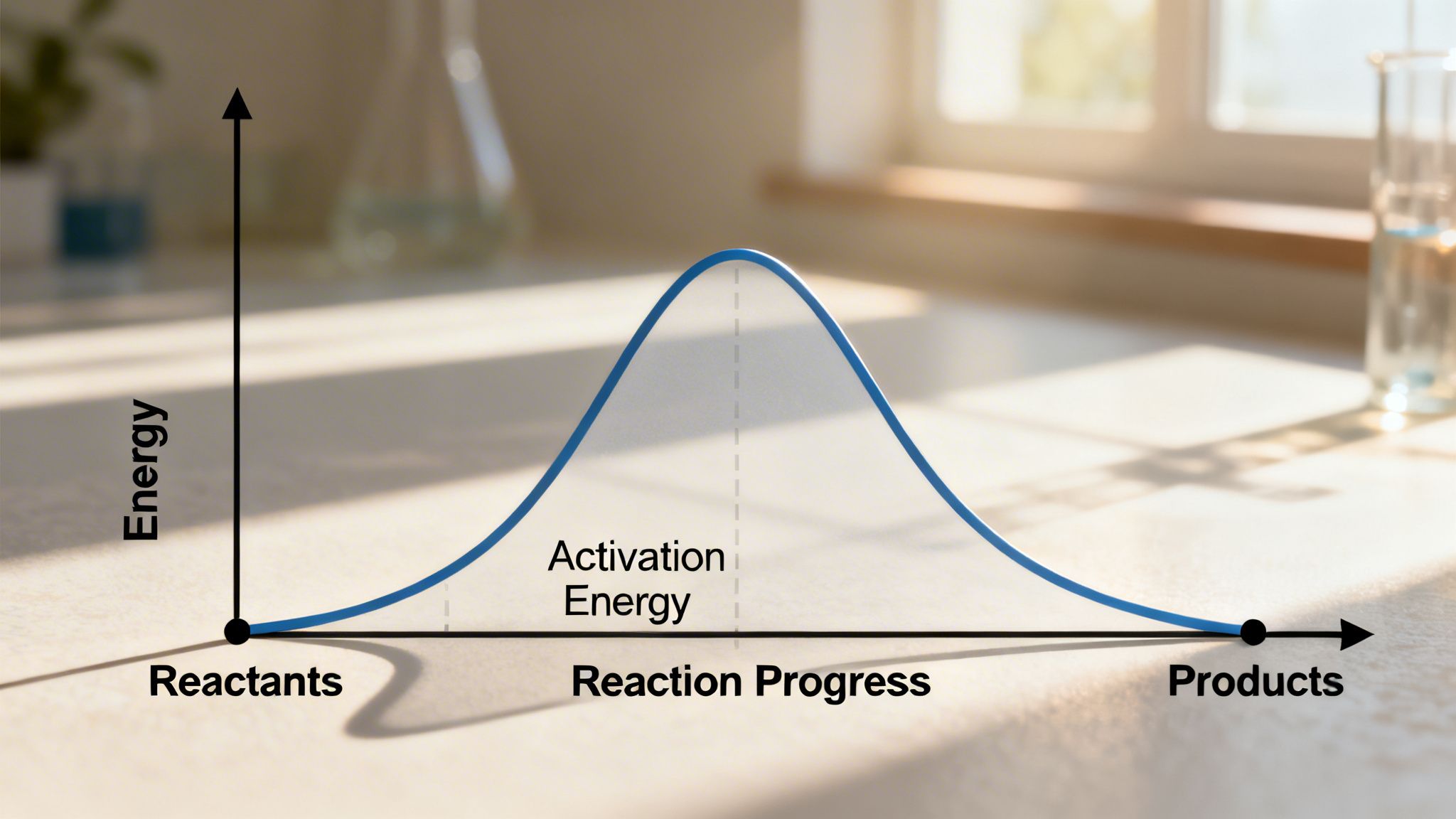 A simple line graph showing energy levels during a chemical reaction, from reactants to products.