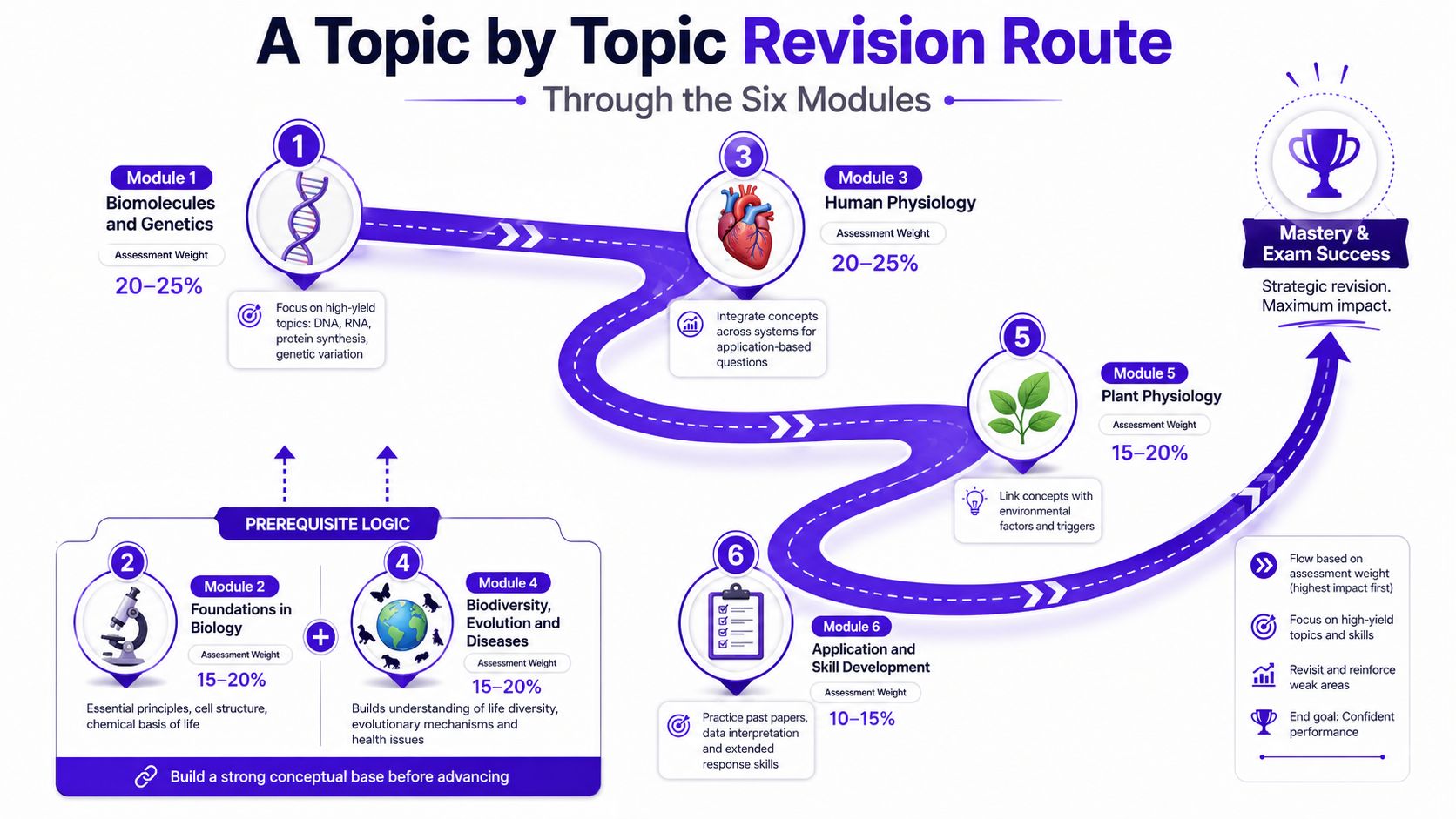 An educational roadmap illustrating a six-module revision strategy for biology students to achieve exam success.