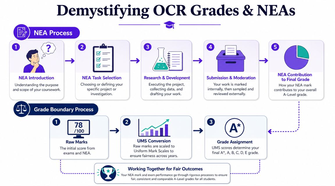 An infographic explaining the OCR A-Level NEA process and the student grade boundary calculation system.