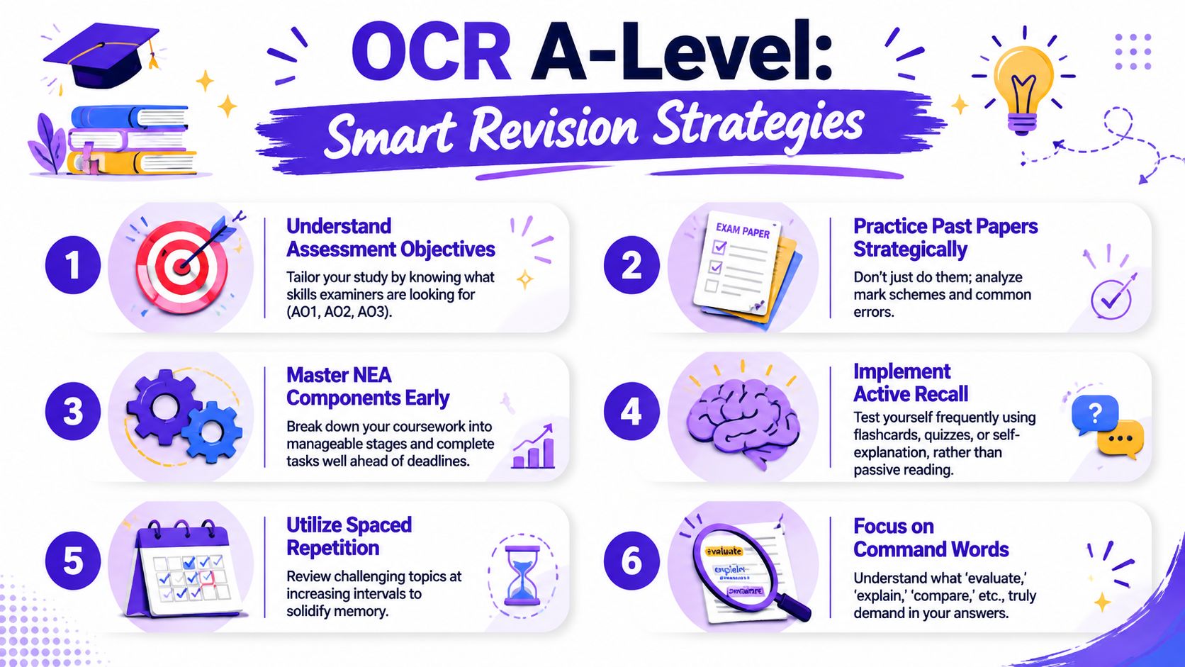 An infographic titled OCR A-Level Smart Revision Strategies listing six effective study tips for exam preparation.