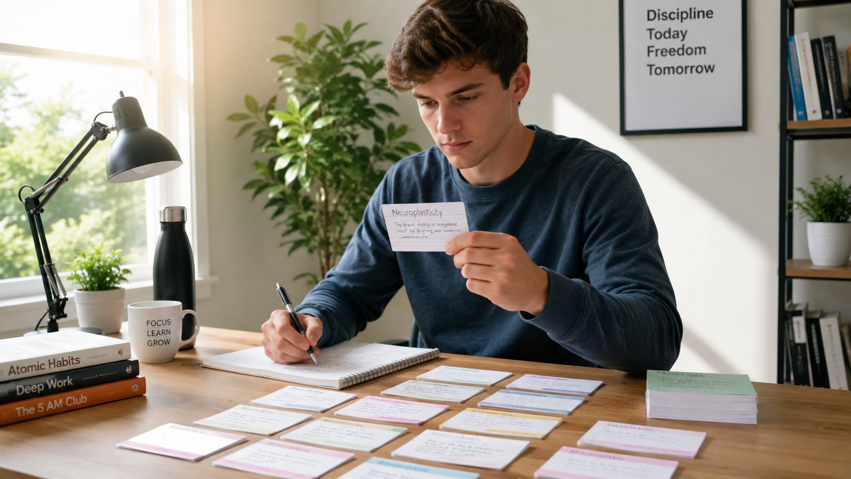 A young man studying at a desk with flashcards, a notebook, and educational books about productivity.
