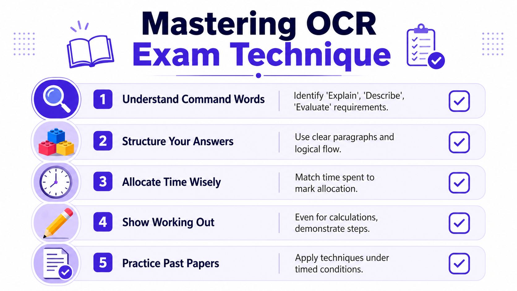 An educational infographic outlining five essential exam techniques for mastering OCR computer science assessments.