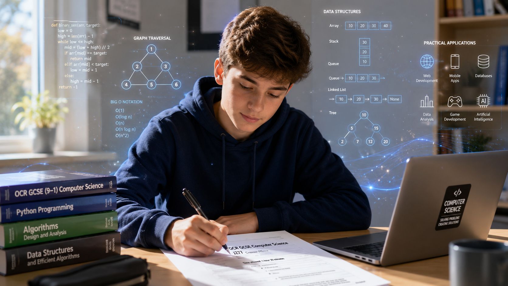 A teenage student studying Computer Science with digital diagrams of data structures and algorithms projected nearby.