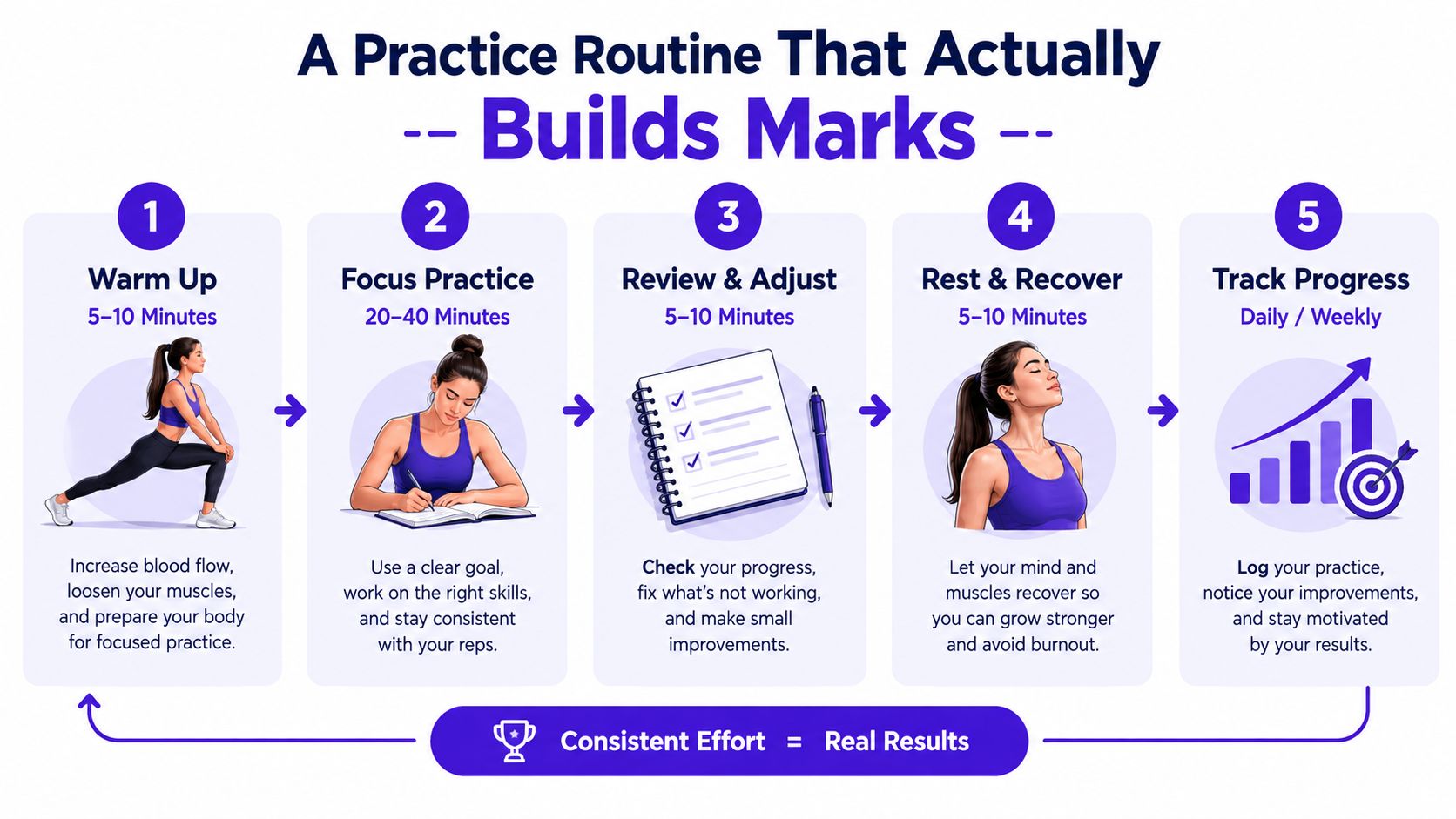 An infographic detailing a five-step practice routine for improving academic performance in subjects like maths.