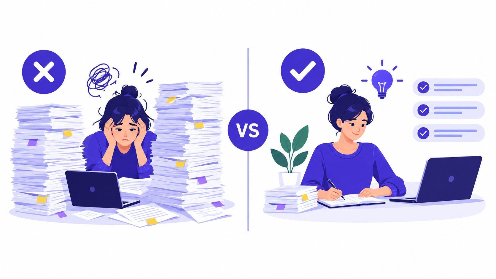 A contrast between a stressed person buried in paper documents versus an organized, efficient person using a laptop.
