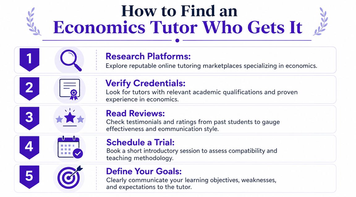 A step-by-step infographic titled How to Find an Economics Tutor Who Gets It with five numbered tips.