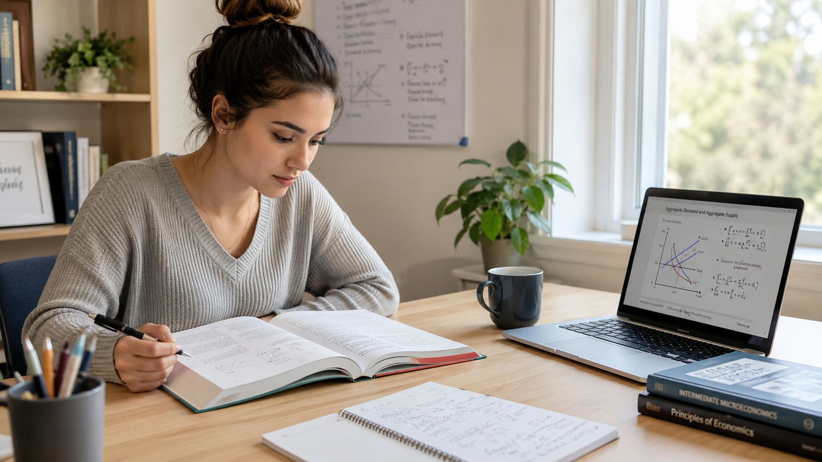 A student studying economics with textbooks and a laptop displaying a supply and demand graph at home.