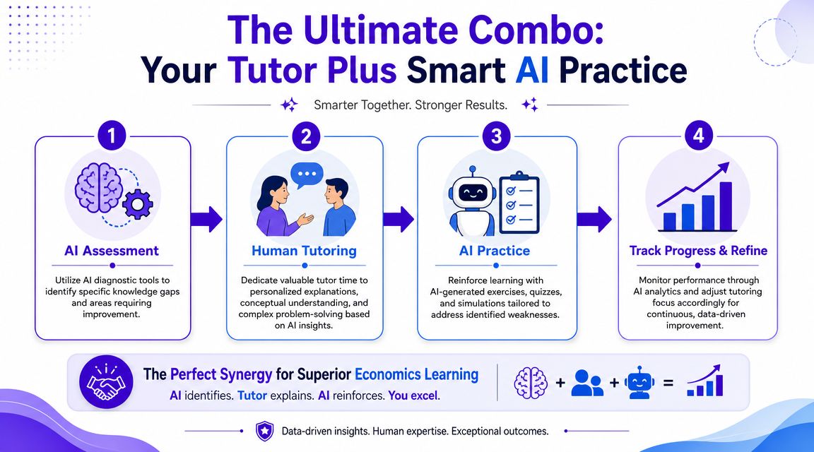 An infographic showing a four-step process for learning economics using AI assessment and human tutoring.