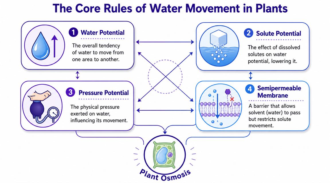 An educational diagram explaining the core rules of plant osmosis including water, solute, and pressure potentials.