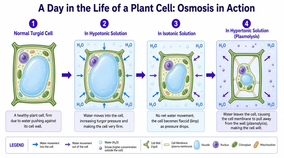 A diagram illustrating osmosis in a plant cell, showing turgid, hypotonic, isotonic, and plasmolysis stages.