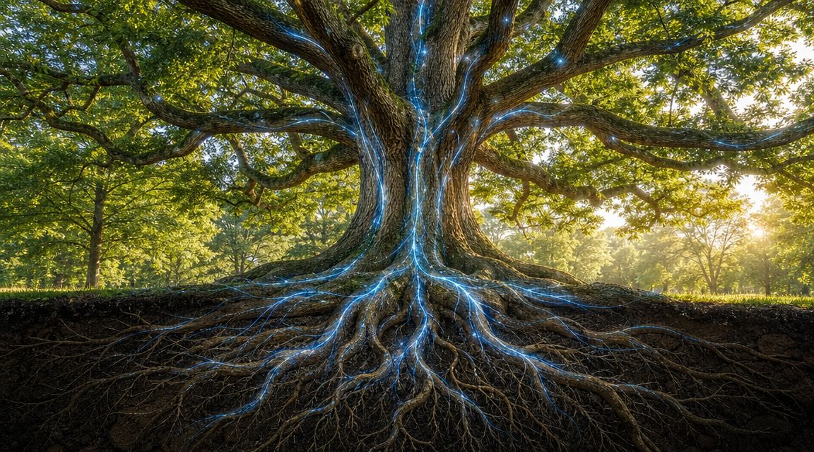 A majestic oak tree with glowing blue light flowing through its roots and branches in a forest.