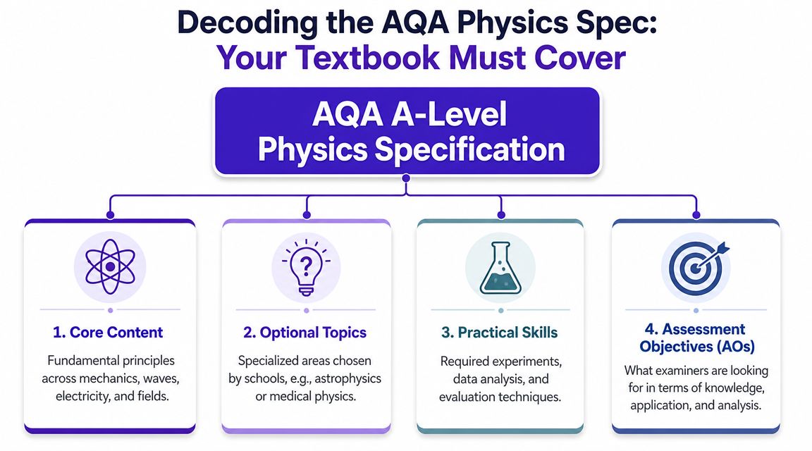 A diagram outlining the four essential components of the AQA A-Level Physics curriculum specification.