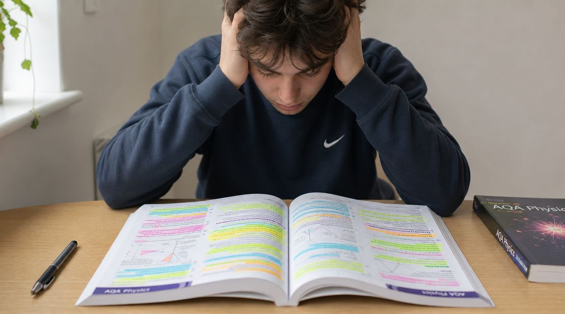 A student sits at a desk with his head in his hands studying an AQA Physics textbook.