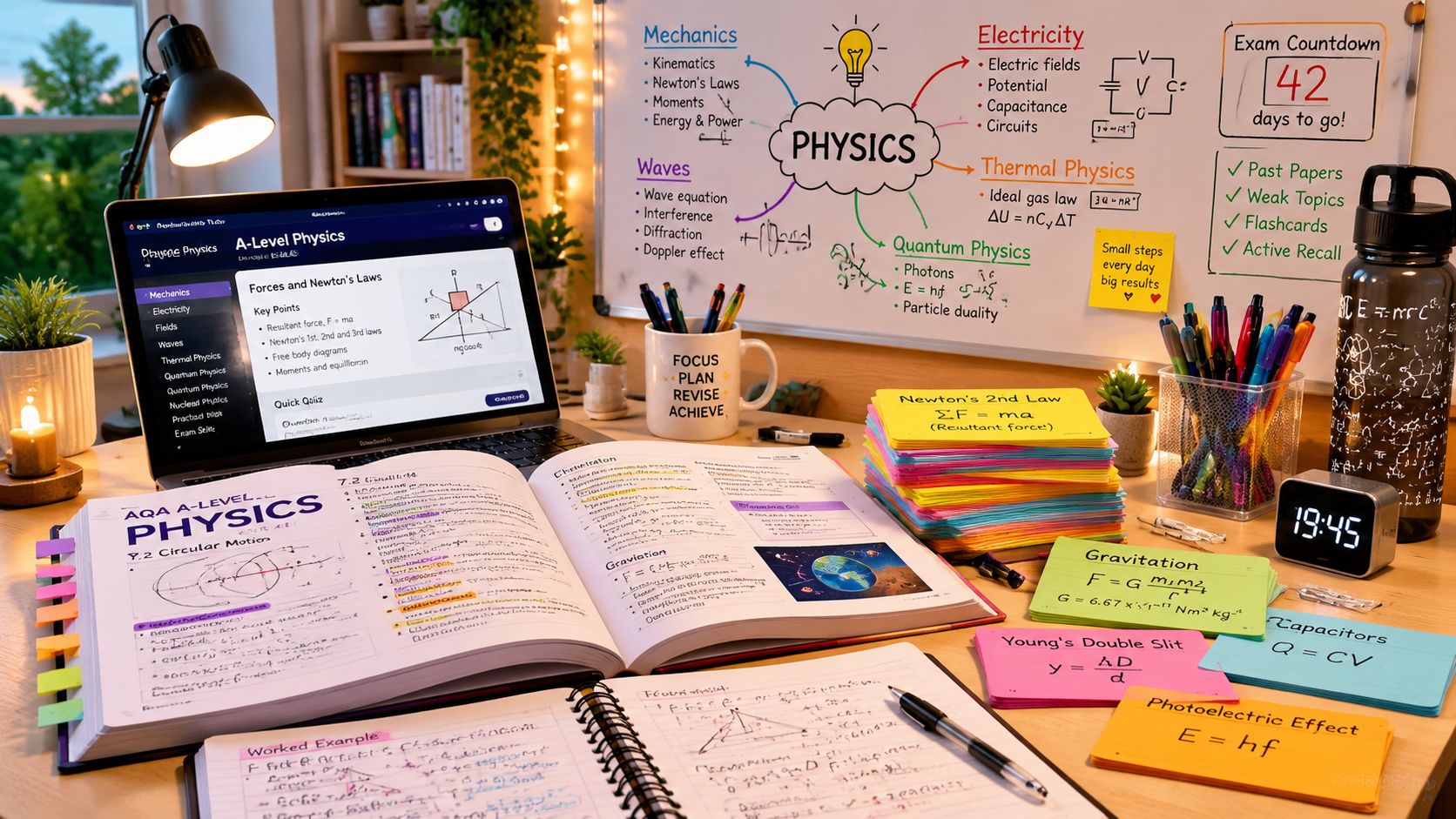 A well-organized study desk featuring physics textbooks, study notes, a laptop, and a whiteboard revision mind map.