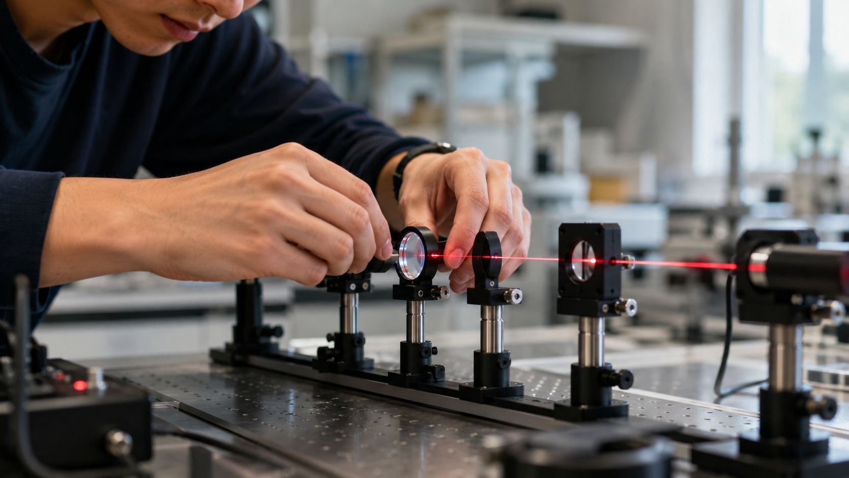 A physics student aligning optical components on a laboratory laser bench for a scientific experiment.