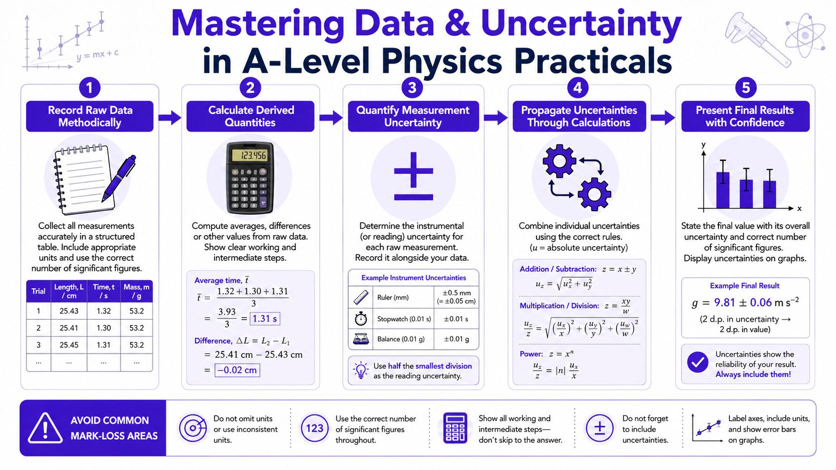 An infographic titled Mastering Data and Uncertainty in A-Level Physics Practicals, illustrating five essential data analysis steps.
