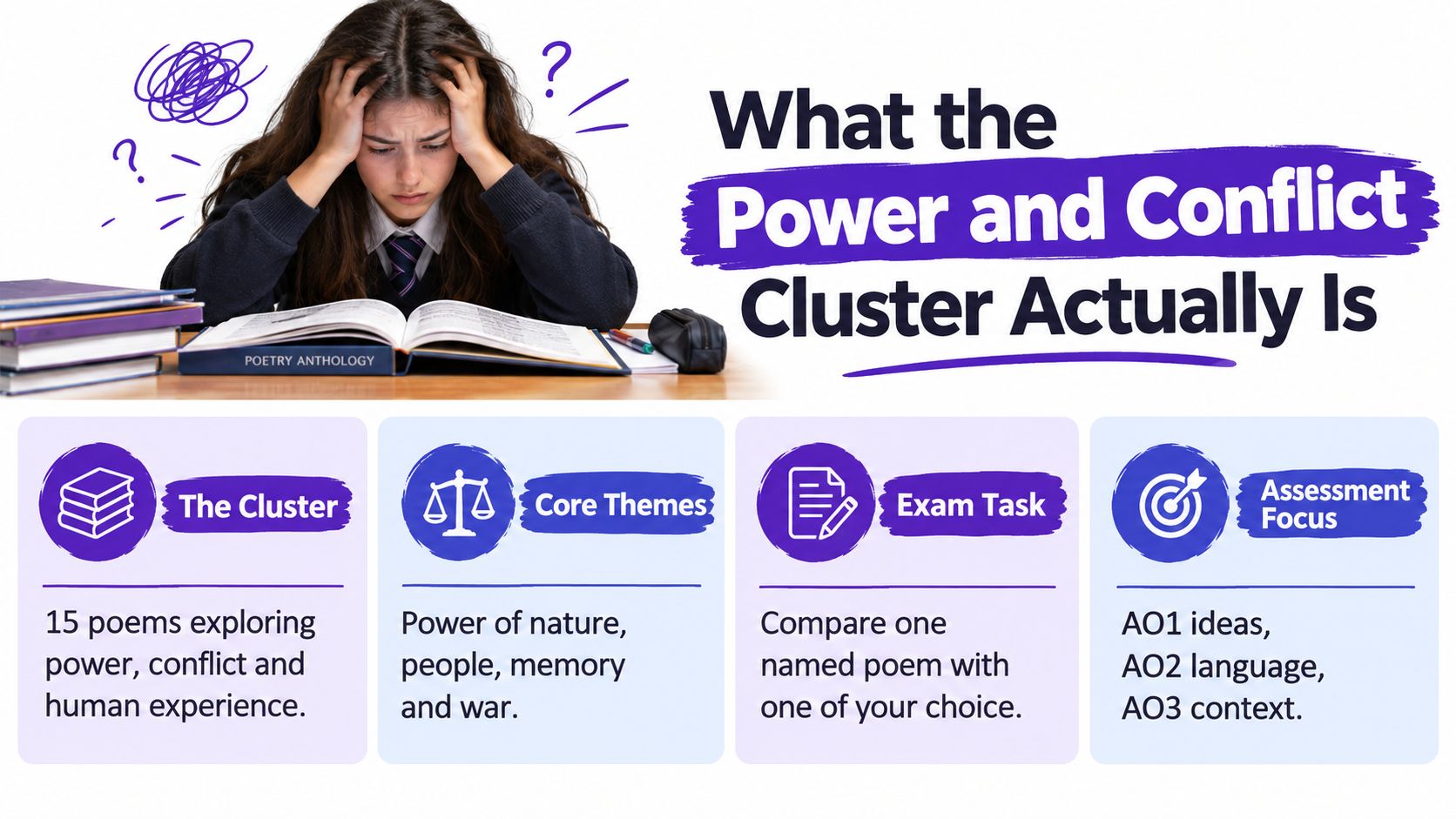 A frustrated student studying a poetry anthology for the Power and Conflict GCSE English literature curriculum.