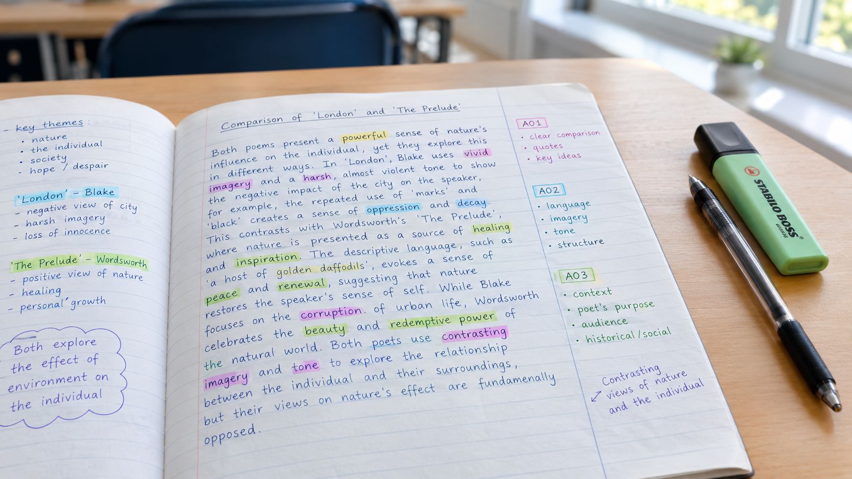 A student's handwritten comparison essay on London and The Prelude poems, laid out on a wooden desk.
